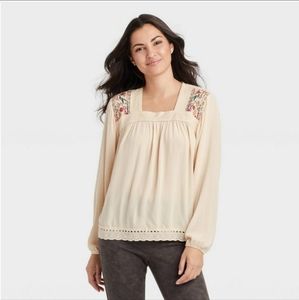 Women's Long Sleeve Embroidered Blouse - Knox Rose Cream Size XXL